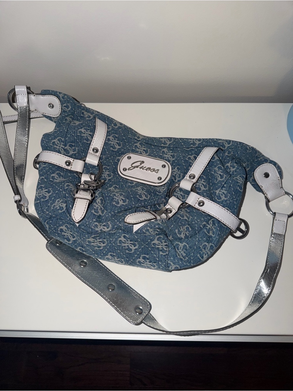 Vintage Guess Blue Denim Crossbody Bag with White Trim